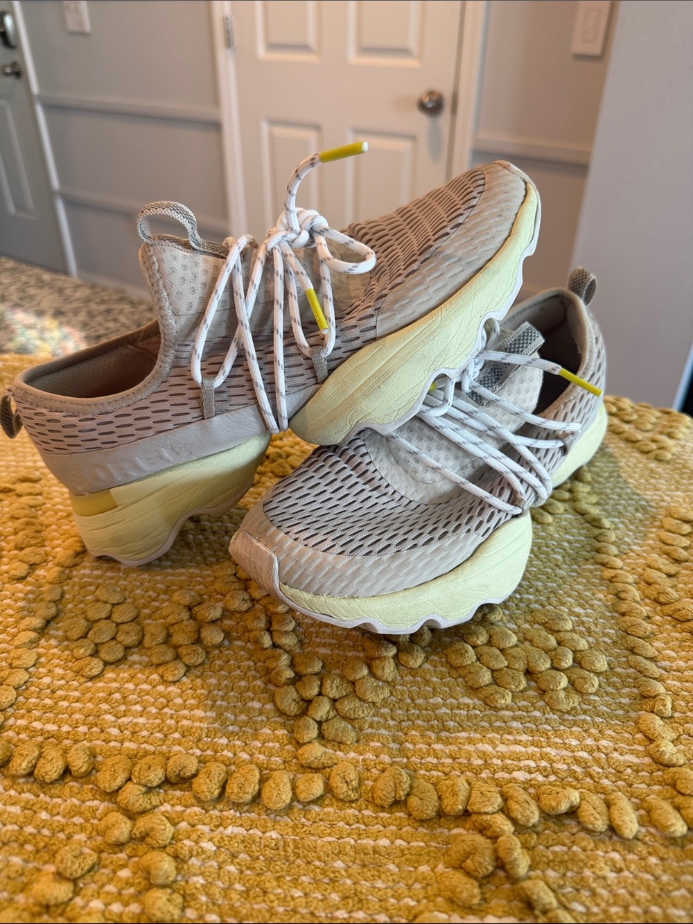 Women’s SOREL Light Beige Mesh Athletic Sneakers with Pale Yellow Sole